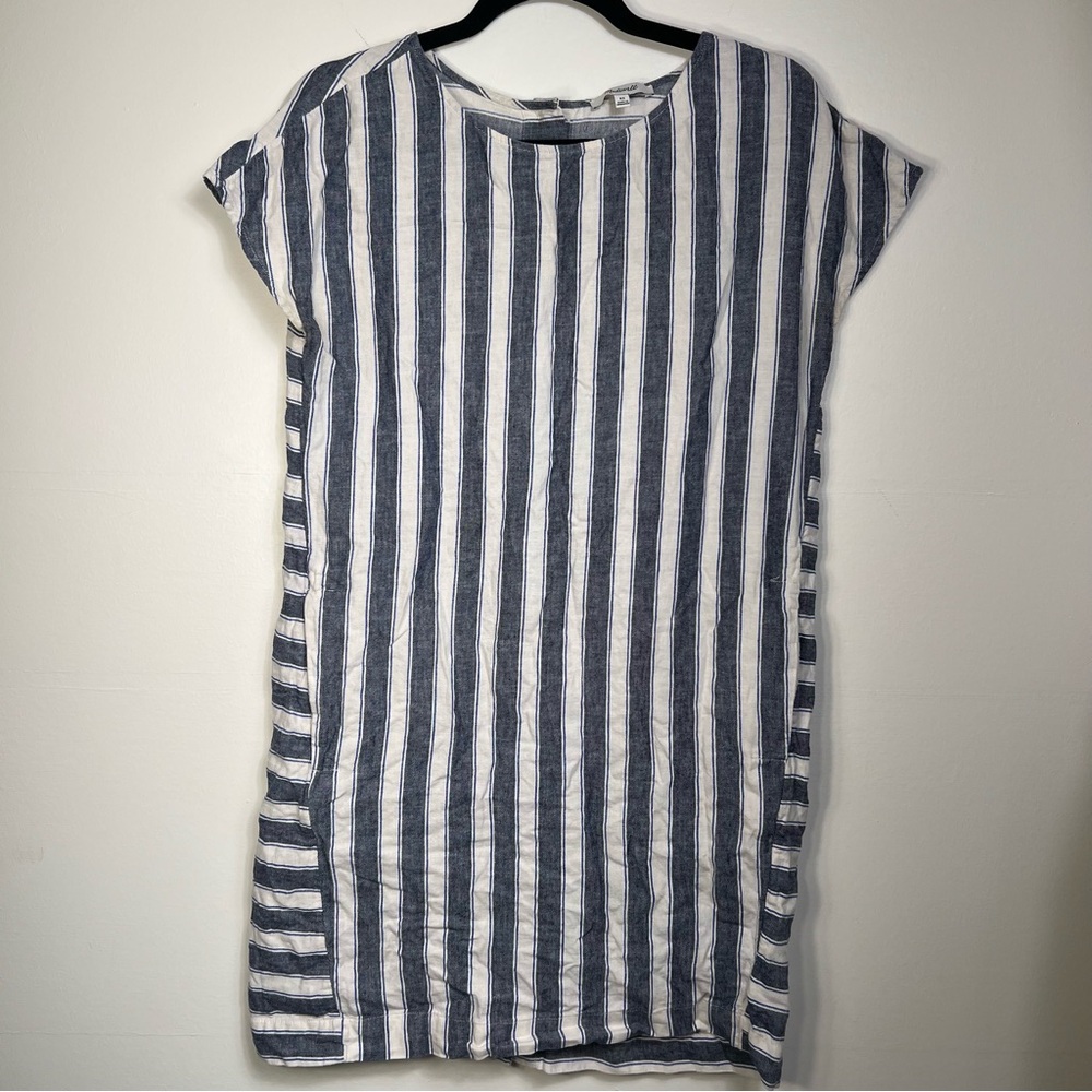 Madewell XS Striped Linen Cotton Button Back Shift Dress Blue White Coastal - Picture 4 of 10